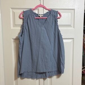 Umgee Sleeveless Frayed Hem Top in Blue Chambray